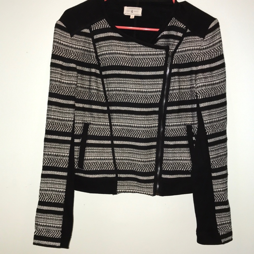 Lou & Grey short waist striped jacket front; black back Asymmetrical zipper